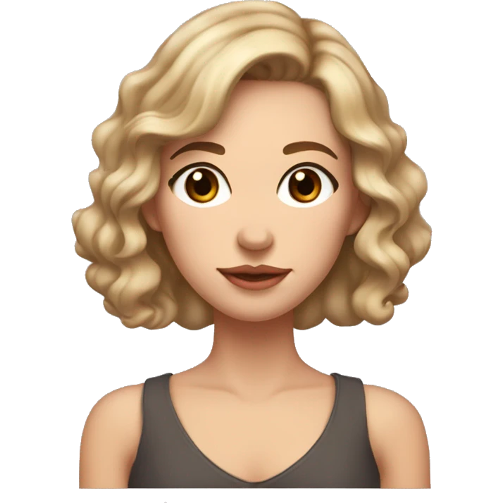 Woman with brown hair with spit blonde underneath, wavy at her shoulders. Brown eyes. Peachy lips with no cupids bow. Subtle freckle spots around her face. emoji
