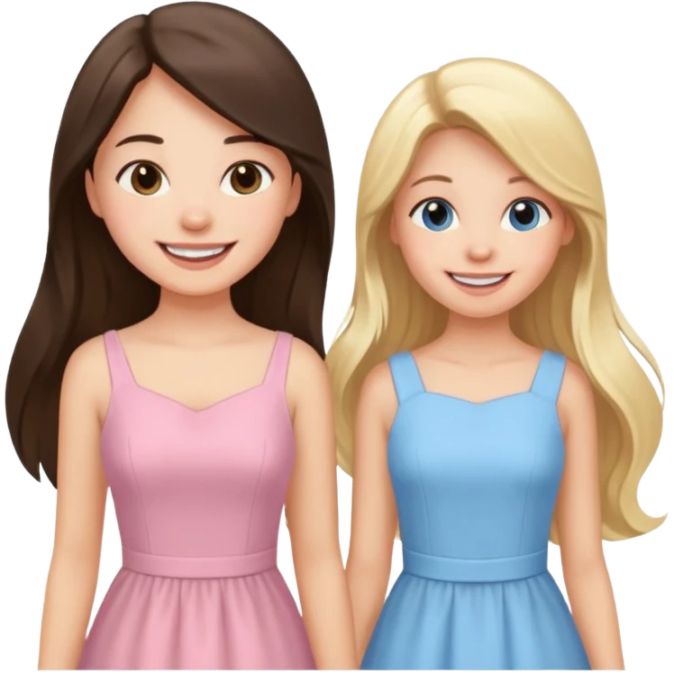 happy long hair brunette girl in light pink dress and blonde girl in light blue dress emoji