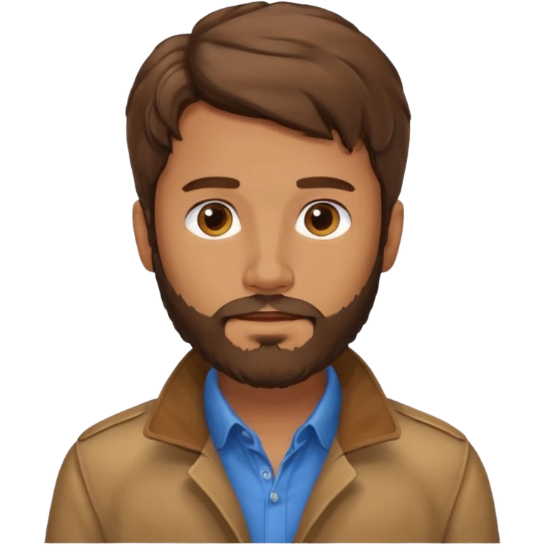 Avatar of a bearded man with wavy brown hair, wearing a brown jacket over a blue shirt, on a light blue background. emoji