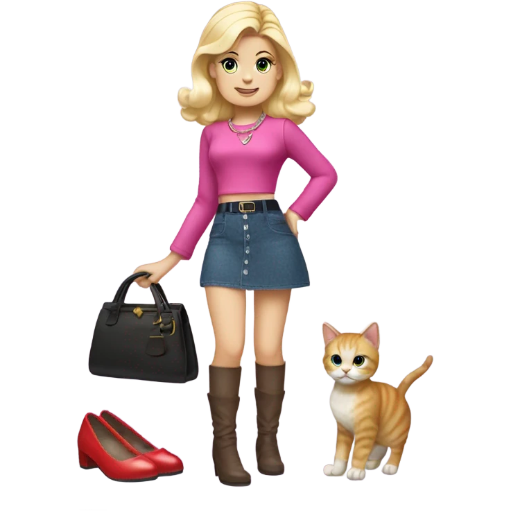 Blonde Nighty Brights Francie. Enid Sinclair. Mini-skirt, pumps, bracelet, earrings, purse , tights,go-go boots, Going out with Slippers the kitten.  emoji