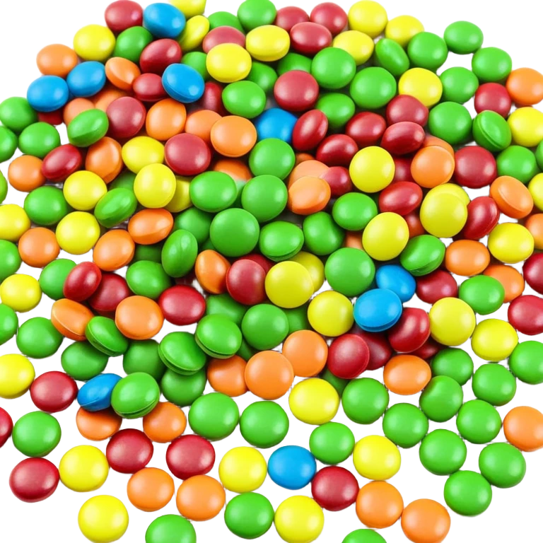 A multi-colored rainbow Skittles package next to a pile of exclusively green Skittles candies. The package shows all rainbow colors while the candies are only green. emoji