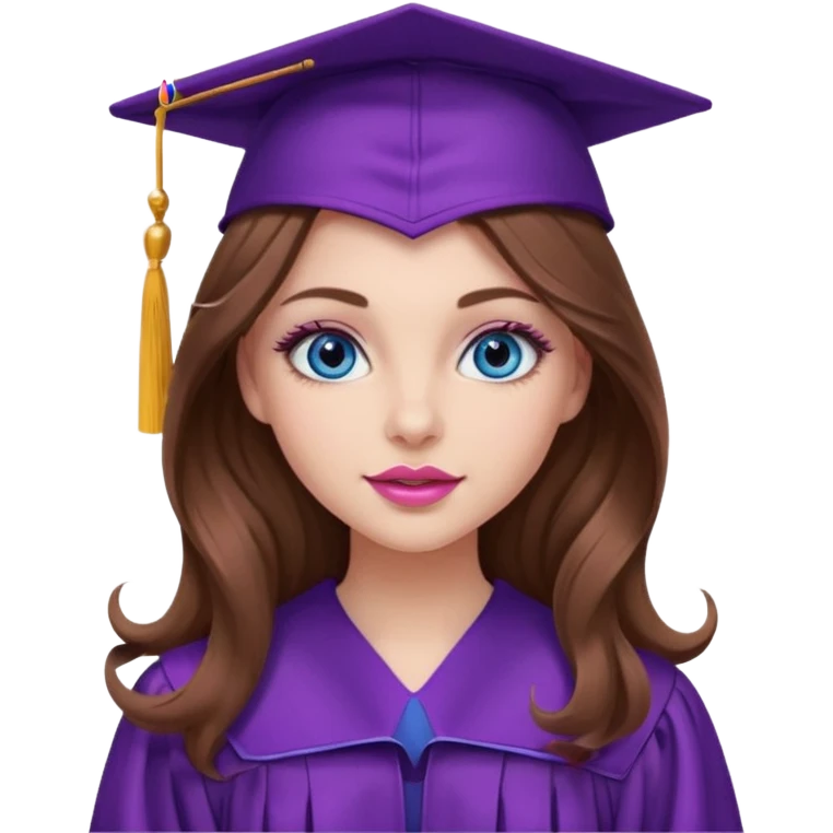 girl with wavy long brown hair, blue eyes, long lashes makeup, sexy pink lips, wearing a purple graduation cap and gown emoji