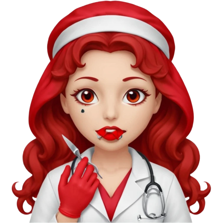 Lilith scalpel in hand, evil surgeon sexy surgeon clothes.  She has red eyes.  Hair is long. Hair is brown and curly hair. Wears sexy doctor outfit with red gloves. Covers mouth neck and nose with mouth veil red emoji
