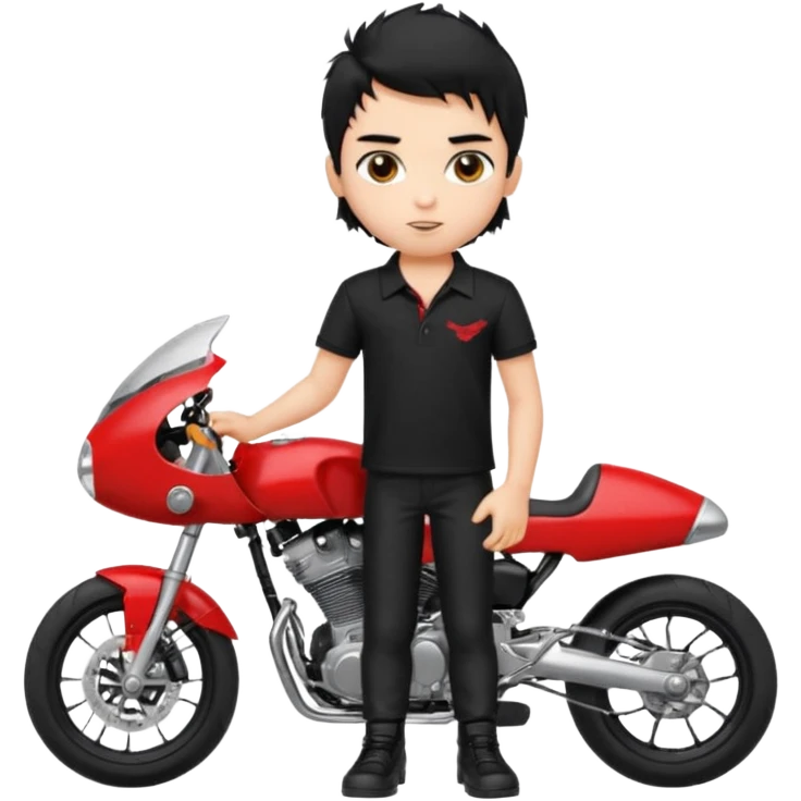 generate a pretty fair bratz boy with a messy mullet (black hair), wearing a BLACK polo.  standing witha superbike emoji