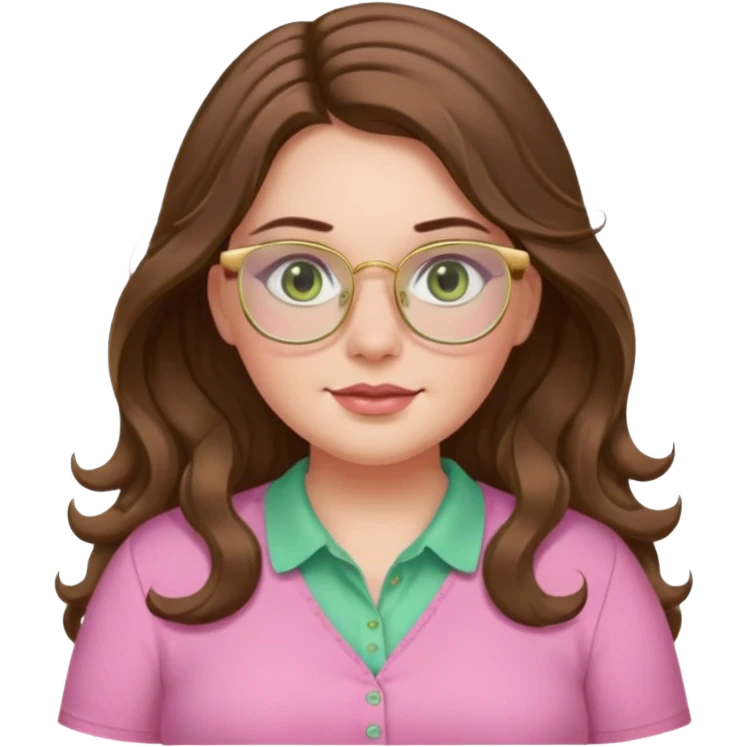 Girl girl long wavy brown hair with middle part, pale green eyes, plus size, pink shirt, gold rimmed glasses emoji