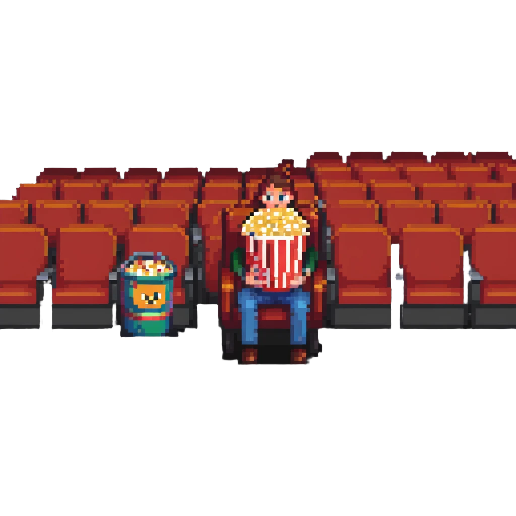 Pixel art person sitting in movie theater chair with popcorn bucket, watching big screen emoji