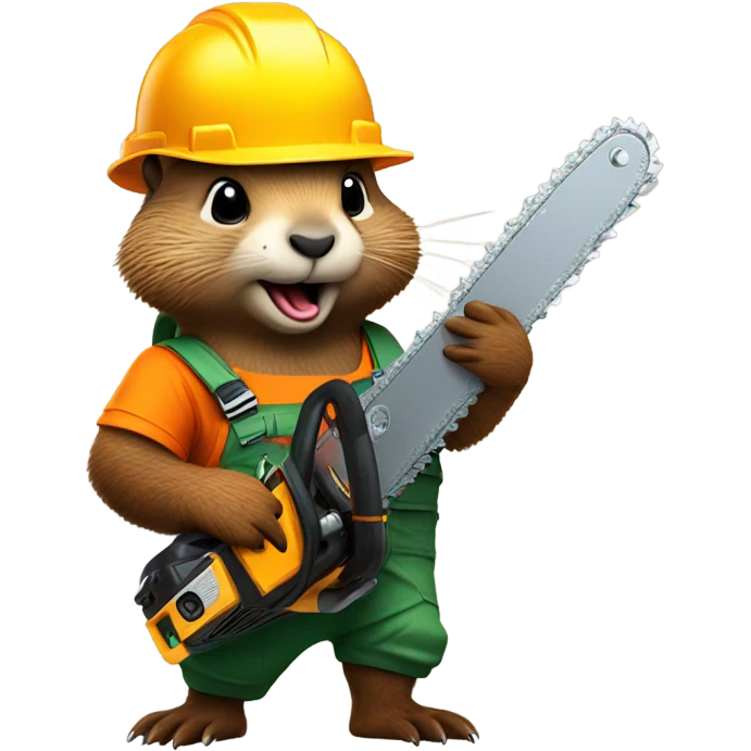 Woodchuck in climbing gear and hard hat holding a chainsaw  emoji