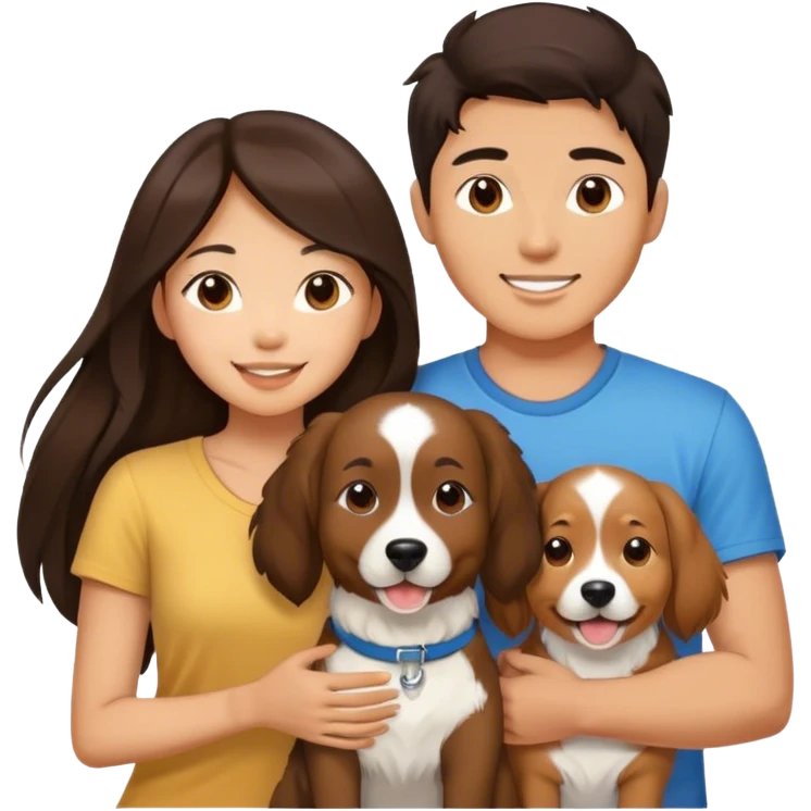 Long hair brunette asian girl and brunette Asian male couple happy. Only 2 people and a dog   emoji