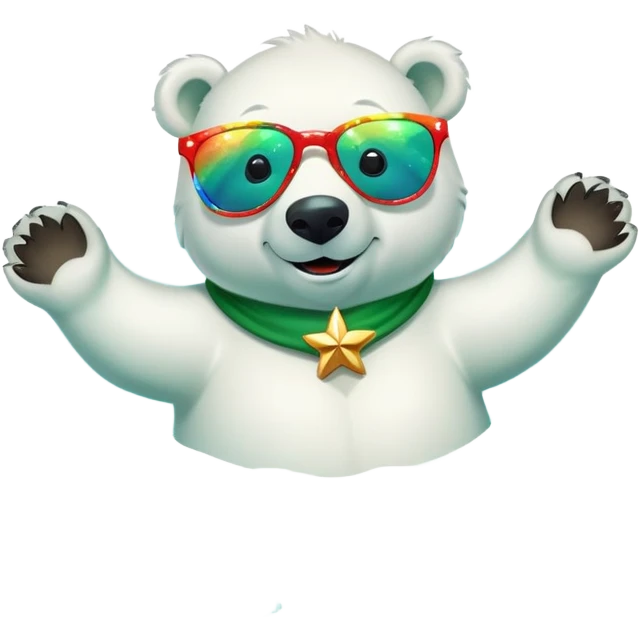 friendly anthropomorphised polar bear smiling, wearing large multicolored star-shaped glasses and festive St. Patrick's Day outfit, floating on back in water emoji