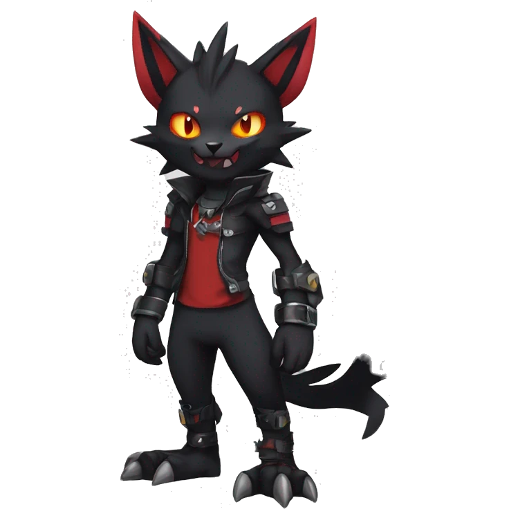 Black Anthro Cool Punk Noibat-Litten-Fakemon-fursona with fangs and red markings Full Body emoji
