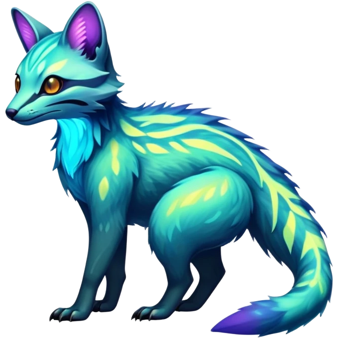 Exotic futuristic bioluminescent translucent transparent lush warm-colored neon-glowing iridescent Fakémon-Fionbri-Vernid-Sergal-Genet-creature emoji