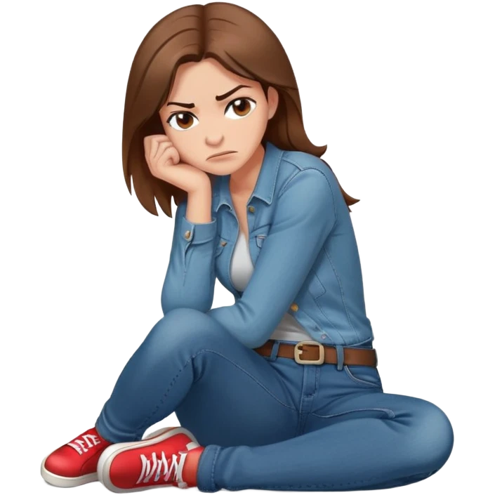 angry woman with brown hair sitting in profile on a floor hugging her knees in jeans avoiding conversation  emoji