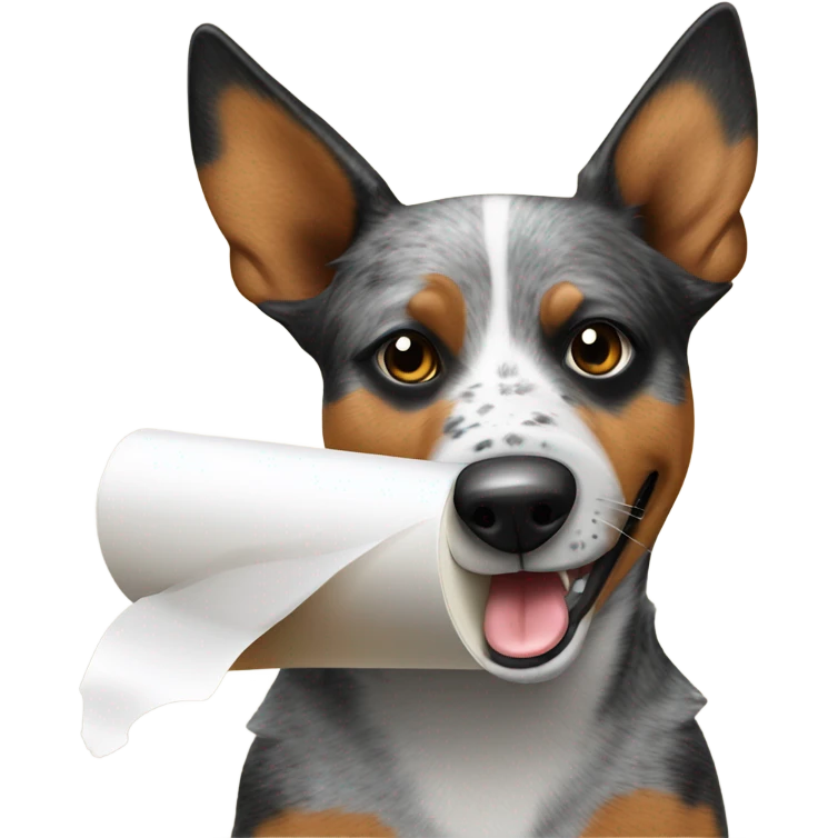 Australian cattle dog holding a toilet paper roll in mouth emoji