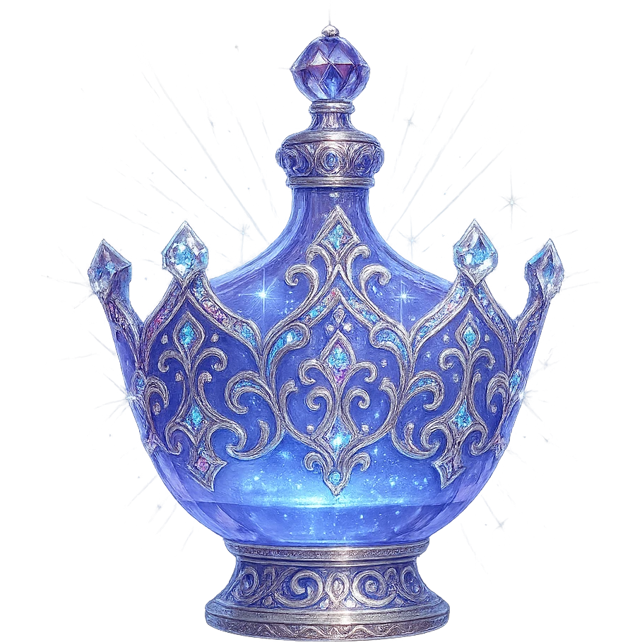 išskirtinai prabangus eliksyro buteliukas, karūnos forma, spalva #7986cb, itin sudėtingi daugiasluoksniai holografiniai ir sidabriniai ornamentai, spindintys kristalo briaunos, magiški švytėjimai ir žėrėjimas, šviesos spinduliai, labai mažas kaklelis, ornamentuotas vientisas dugnas, skaidrus fonas, buteliukas aiškiai plūduriuoja ore, be pagrindo ar šešėlio, nestovi, modernus, kolekcijai tinkamas, stulbinamai gražus emoji