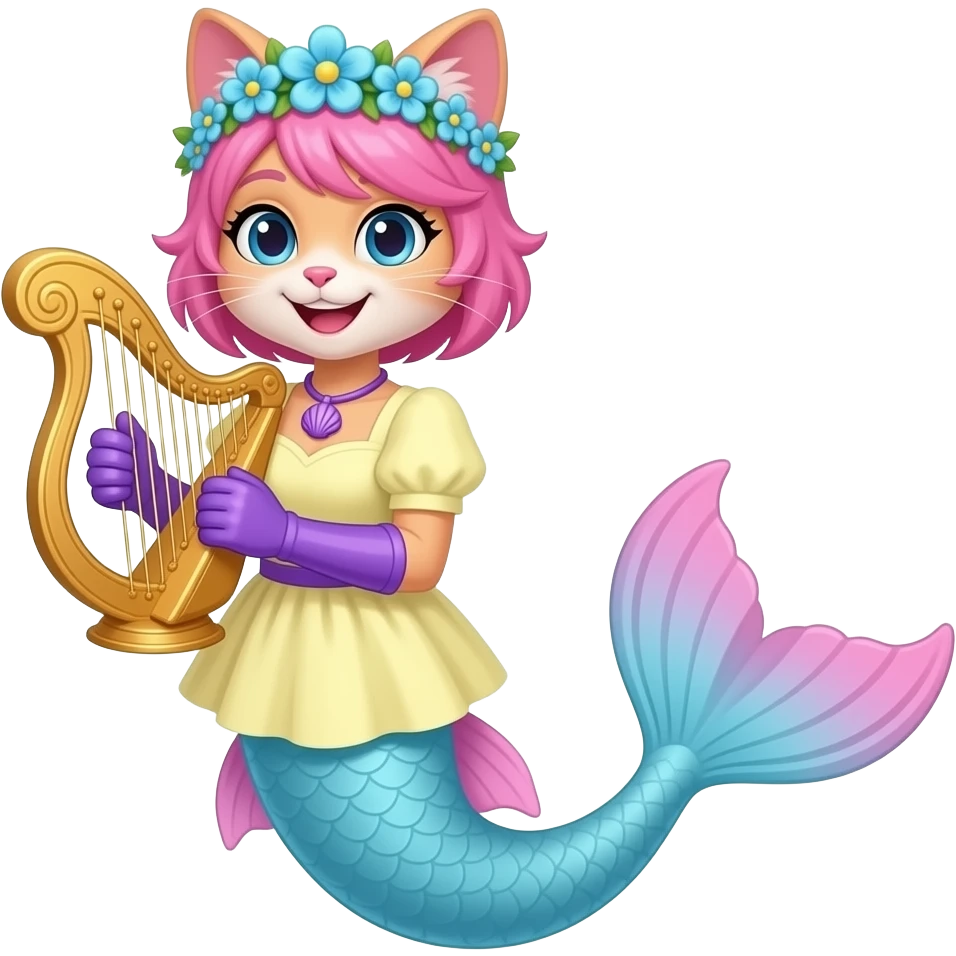 femboy anthro cat  happy with pink hair blue flower crown with light purple shell necklace light yellow dress attached to long light blue mermaid tail with pink fins purple gloves holding a golden harp emoji
