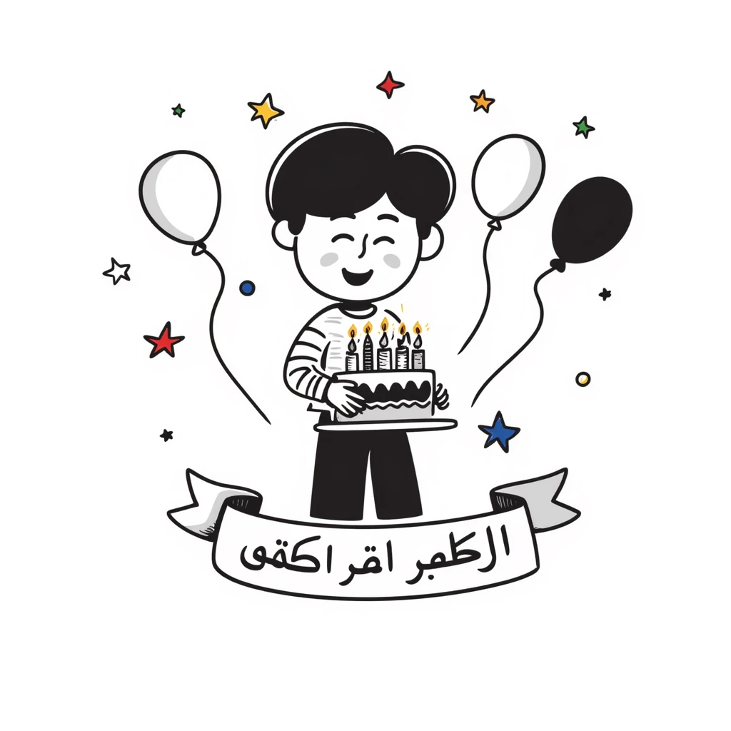 A very colorful, vibrant illustration of a happy little boy celebrating with a birthday cake with lit candles, colorful balloons and decorations. Include large, clear Persian text at the bottom that says: "امیدرضا جان تولدت مبارک" emoji