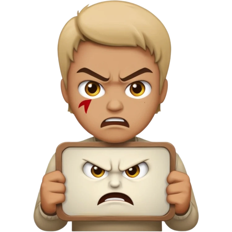 A protester with a sign with an angry face on the sign emoji