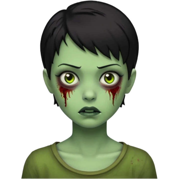 Emoji zombie girl verde com cabelo preto curto com uma expressão impassivel emoji