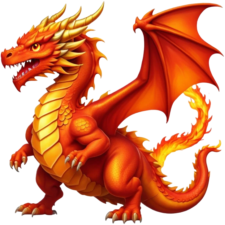 cinematic-noble-fierce-fire-dragon-full body-emoji,-poised-and-imposing,-with-a-muscular,-scaled-body-ablaze-in-fiery-hues-of-crimson,-molten-orange,-and-molten-gold,-and-intense,-burning-eyes-that-mirror-the-heart-of-a-volcano;-rendered in detail, displaying hi emoji