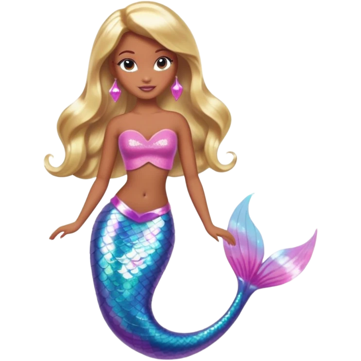 Brown skin blonde hair barbie mermaid with holographic tail and pink  in hair emoji