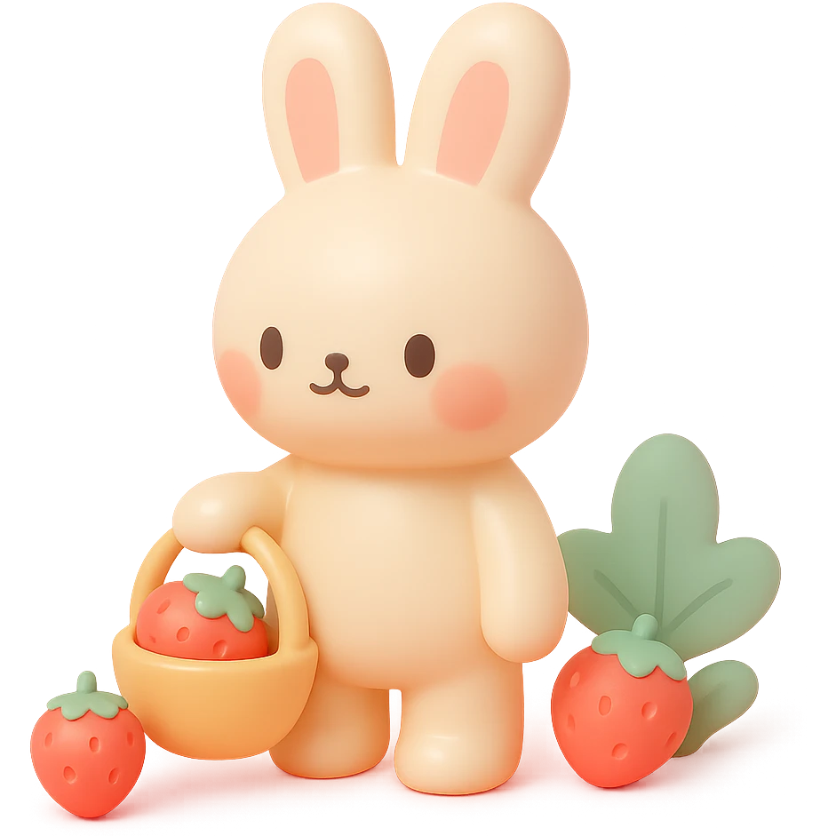bunny picking strawberries in the woods, sweet pastel red, vinyl figure style emoji