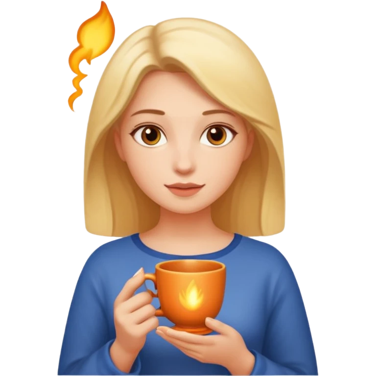 The woman holds a cup in her hands. There is a glow around the girl. emoji