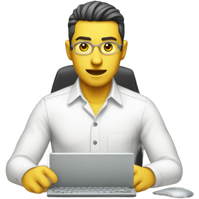yellow skin man using white keyboard on desk wearing white button down shirt front view emoji