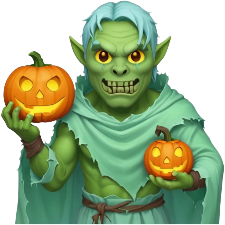 male orc ghost emoji, green skin, tusks, wearing torn white ghost sheet costume, holding glowing jack-o'-lantern, faint blue aura, friendly but spooky expression, Halloween fantasy theme, Apple emoji style, clean white background, square emoji