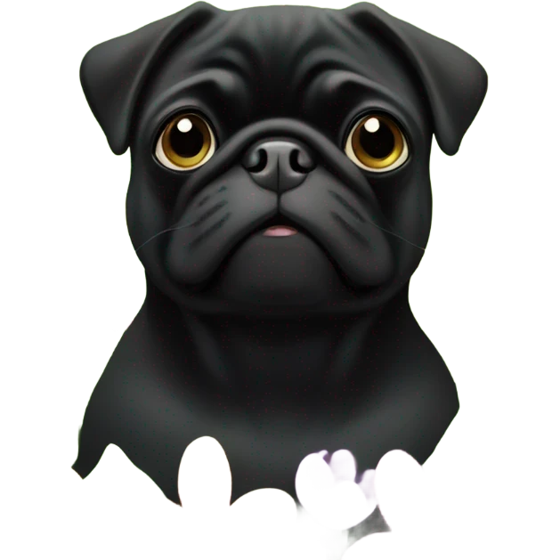 Black pug , surrounded by flowers, holding a green sign that says “good luck”  emoji