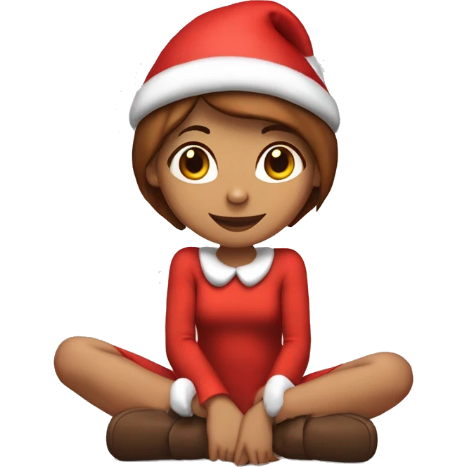 Girl with brown short hair in red elf hat in a sitting knees up holding her knees while wearing a red bodysuit ￼ emoji