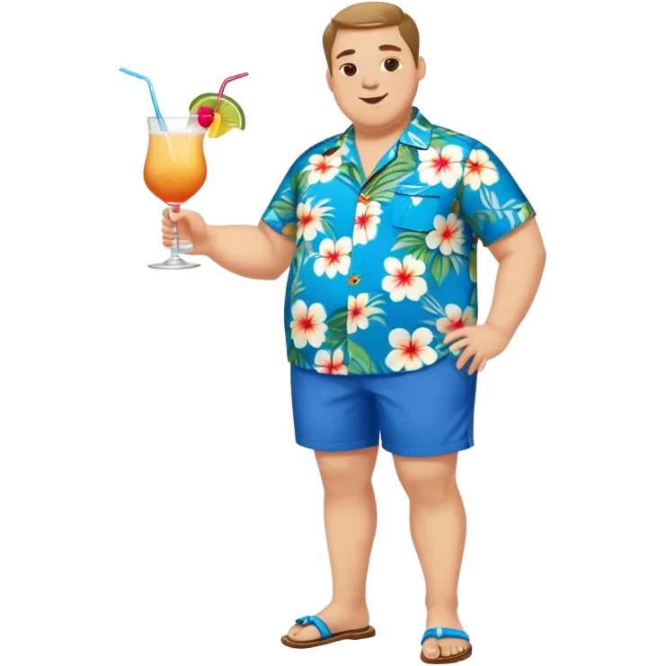 chubby guy full figure in a flowered azure havai shirt, brown shorts and flippers holding a cocktail emoji