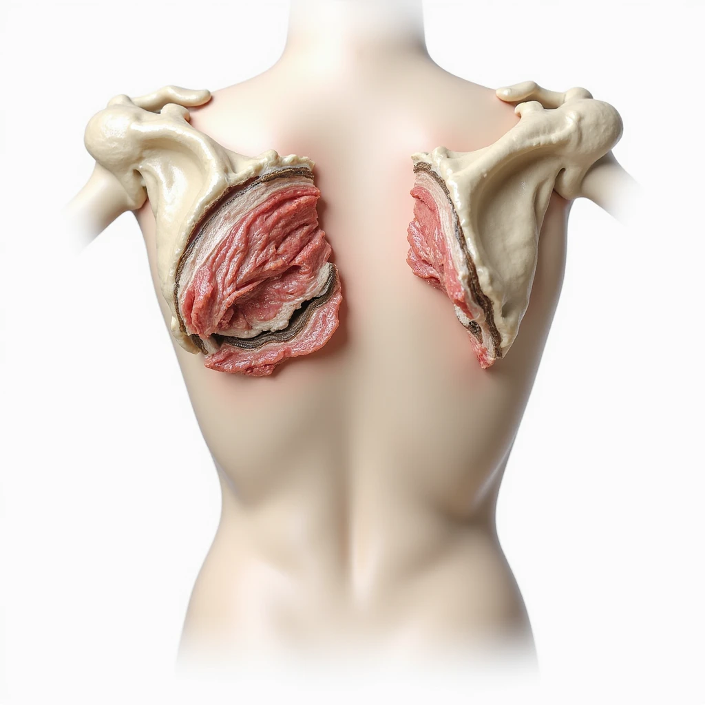 realistic winged scapula pathology, isolated on white background, graphic overlay showing difference between normal and winged scapula emoji
