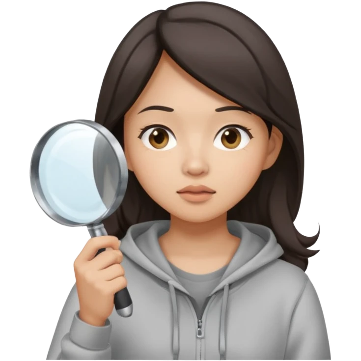 A brunette asian woman wearing hoodie holding a large magnifying glass and squinting at something to intently emoji