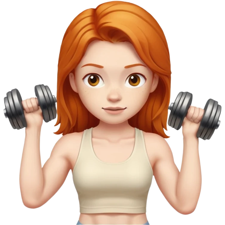 Ginger gym girl with dumbbells and cream tank top emoji
