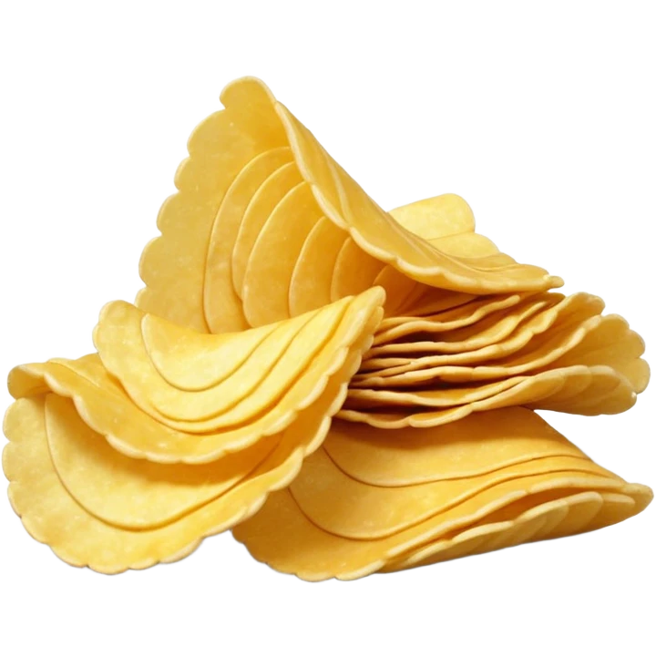 2 golden curved potato chips, stacked, crispy, light texture, appetizing, with surface bubbles, 3D, minimal, polished, soft shadows, no packaging, no bowl, no branding, no anthropomorphic elements, transparent background, emoji scale emoji