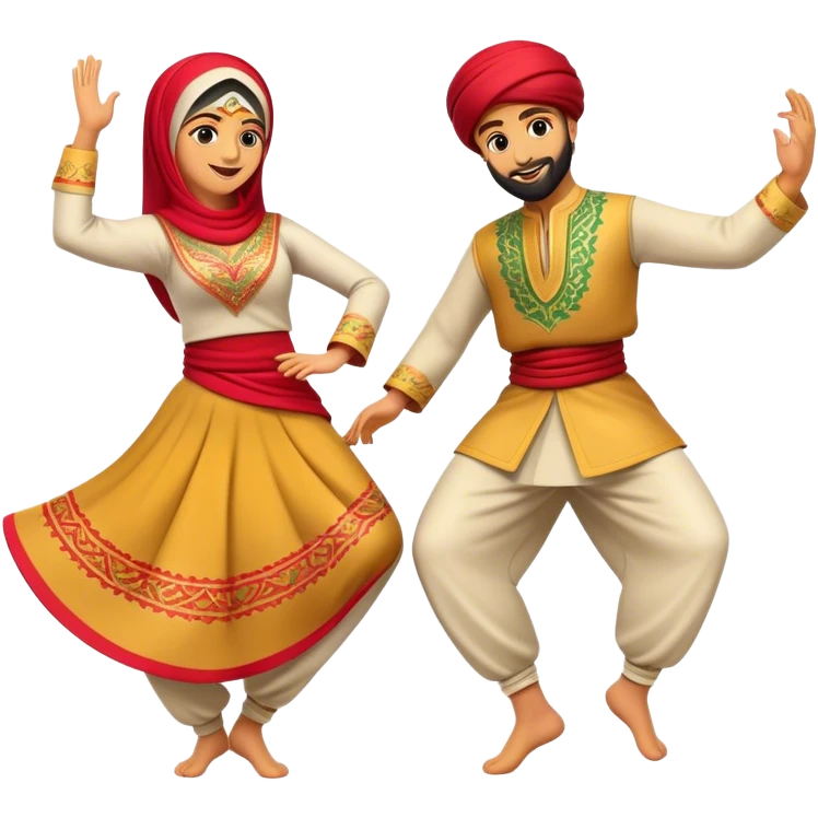 Cinematic Realistic Dabke Dance Emoji, depicted as an energetic traditional Lebanese folk dance with vibrant costumes and rhythmic movements, rendered with dynamic textures and festive natural lighting that captures its communal joy. emoji