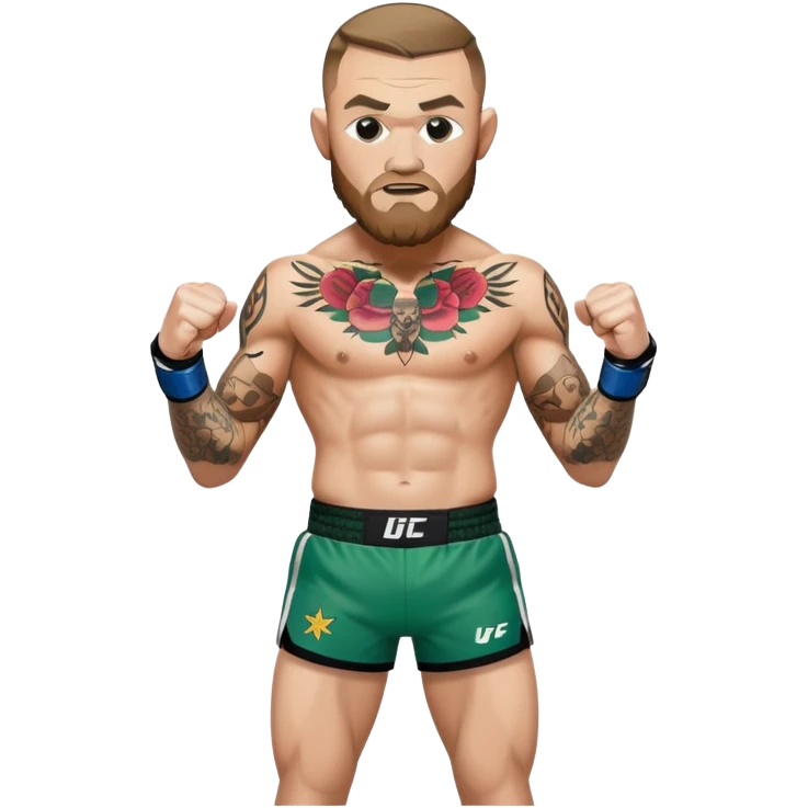 Conor McGregor in fighting stance with UFC shorts and tattoos emoji