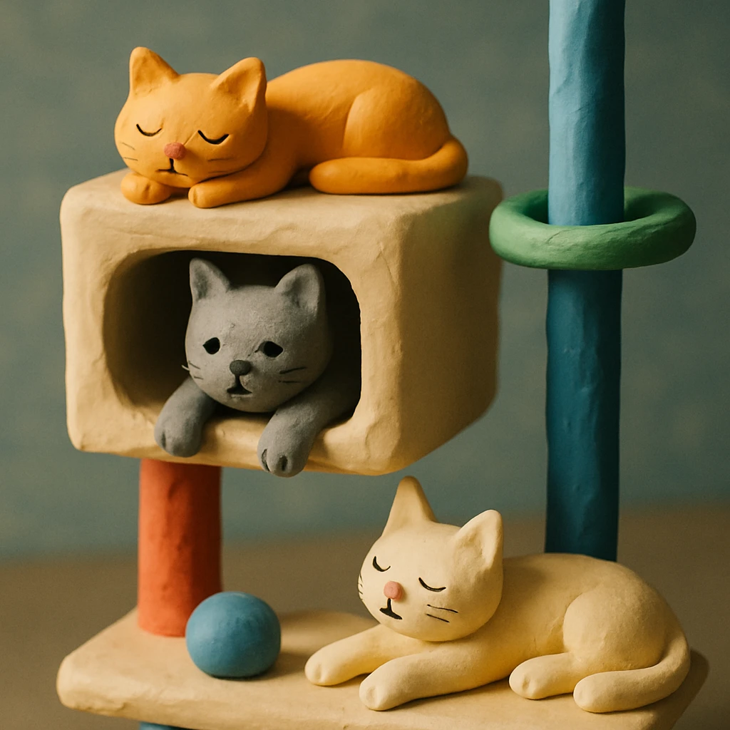 cats relaxing in a vertical playhouse emoji