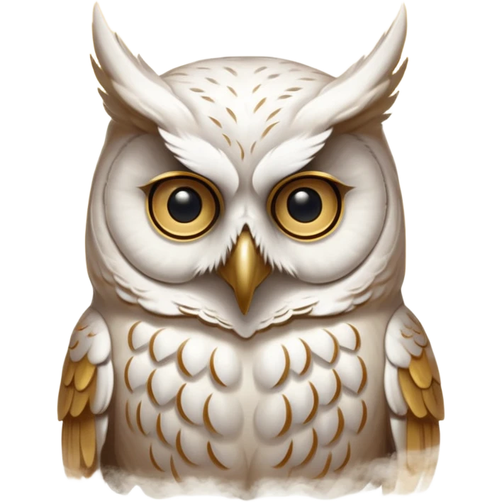portrait of an ancient owl spirit known as “The White Owl of Oaths.”
Pale owl face emerging from mist and shadow.
No visible pupils, eyes glow softly gold or appear as deep void. 
Bone-white, warm gold, and soft shadow tones.
Centered, icon-style framing, limited palette emoji
