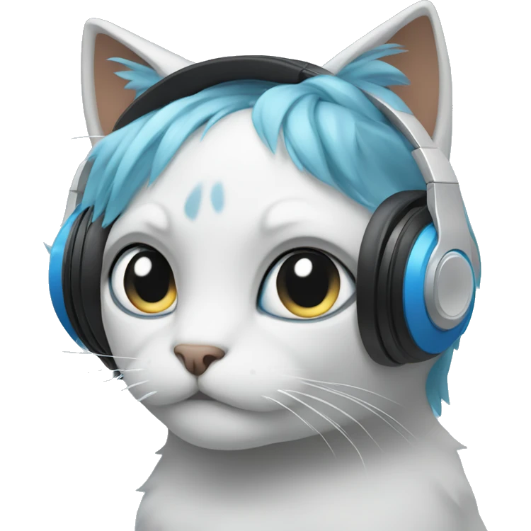 cat with blue, long pigtailed hair with a speaker headset emoji
