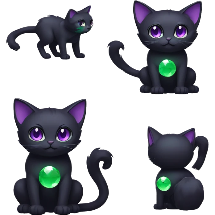 Black Dark-type-Fakémon-Cat Purple eyes, green gem on chest, full body emoji