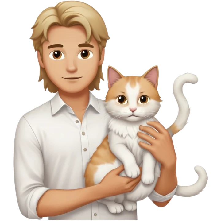 A young handsome Caucasian man in a white shirt holds a long-haired white cat emoji