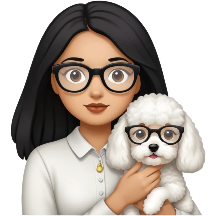 A girl with long black hair and glasses holding a bichon and a white devon emoji