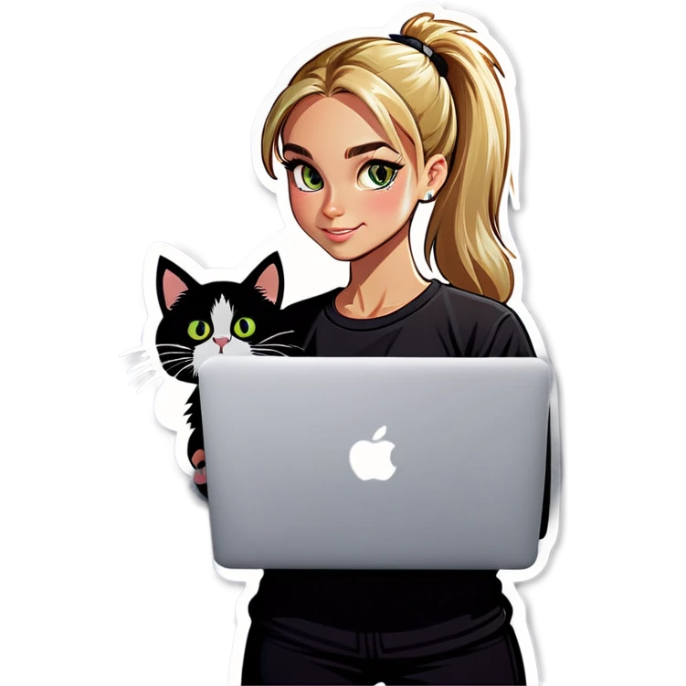 Blonde girl ponytail macBook and a cat emoji
