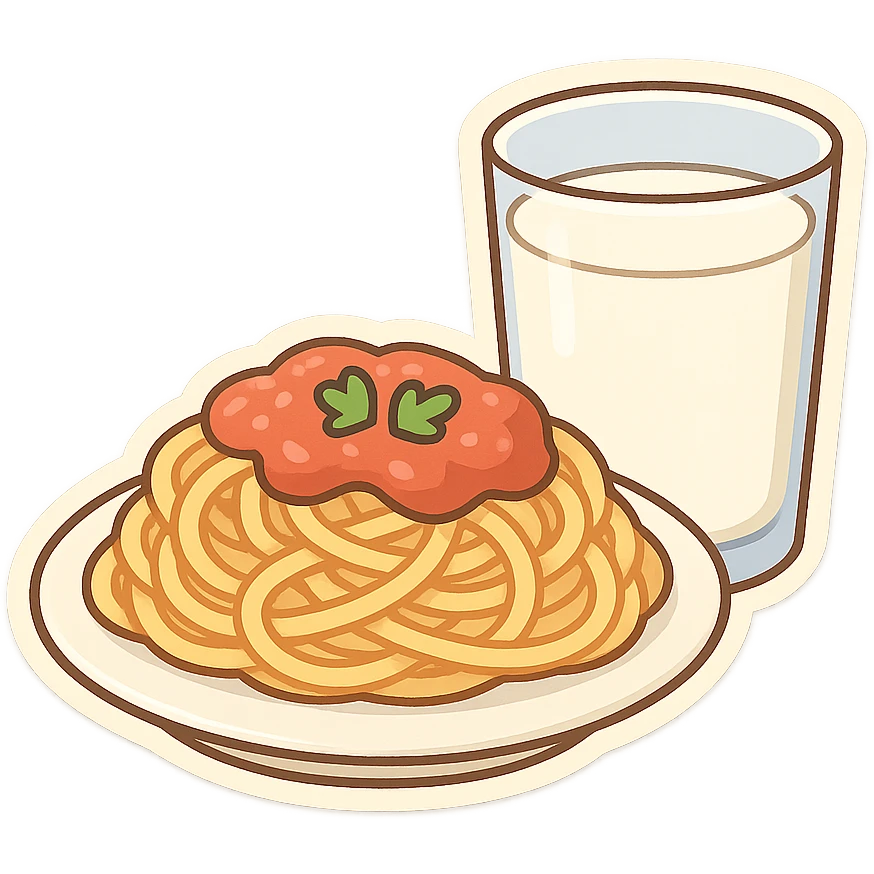 一盘意大利面和一杯牛奶 emoji
