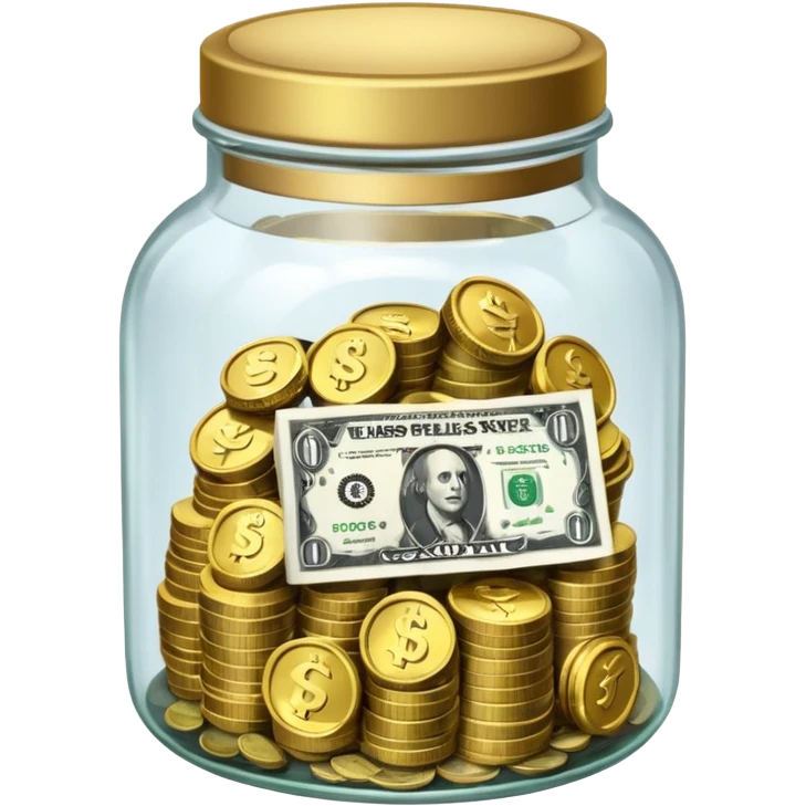 glass tip jar emoji style, simple with cash and coins emoji