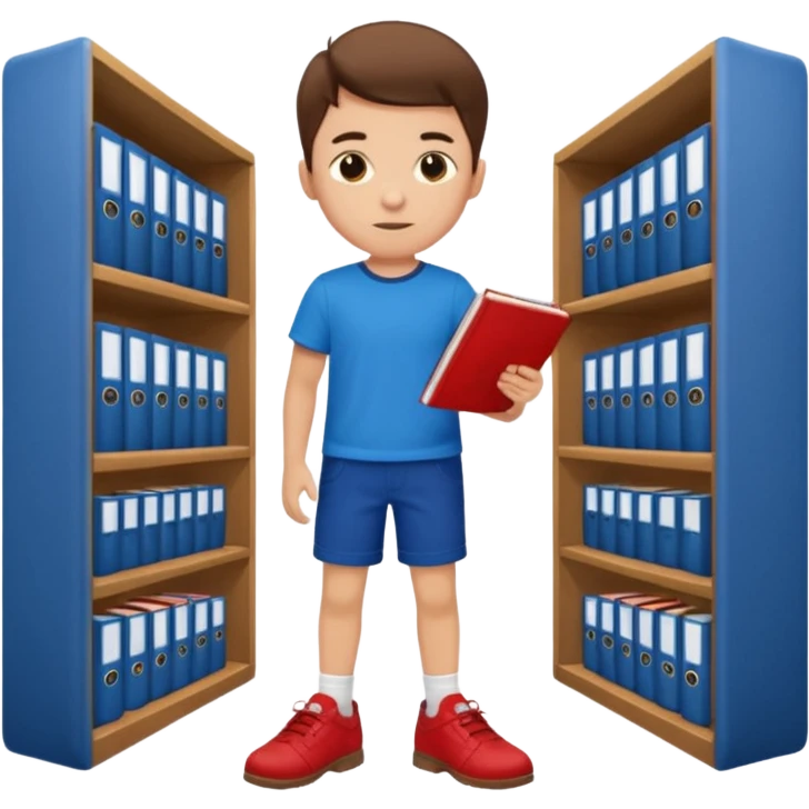 boy with blue short pants, red  short T-shirt, and brown shoes studying at the library emoji
