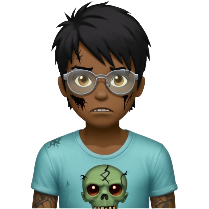 Boy, zombie, black hair, medium long, emo, shaggy, dark, spooky, creepy expression emoji, add transparent glasses, a risk on the eyebrow, some tattos emoji