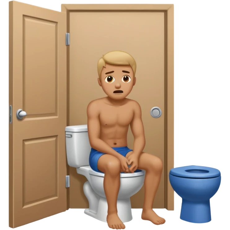 Man using the toilet while the other man is banging on the door begging holding it emoji