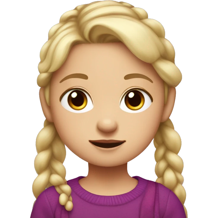 
A little blonde girl with pigtails and little purple bows wearing a red long sleeved shirt and a purple jumper emoji